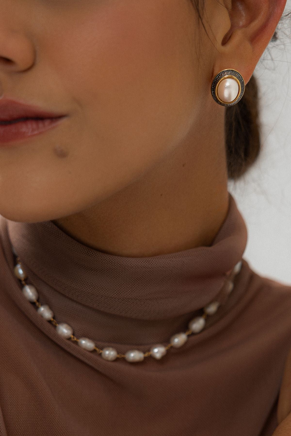 Natural Pearl Half Ball Oval Stud Earrings