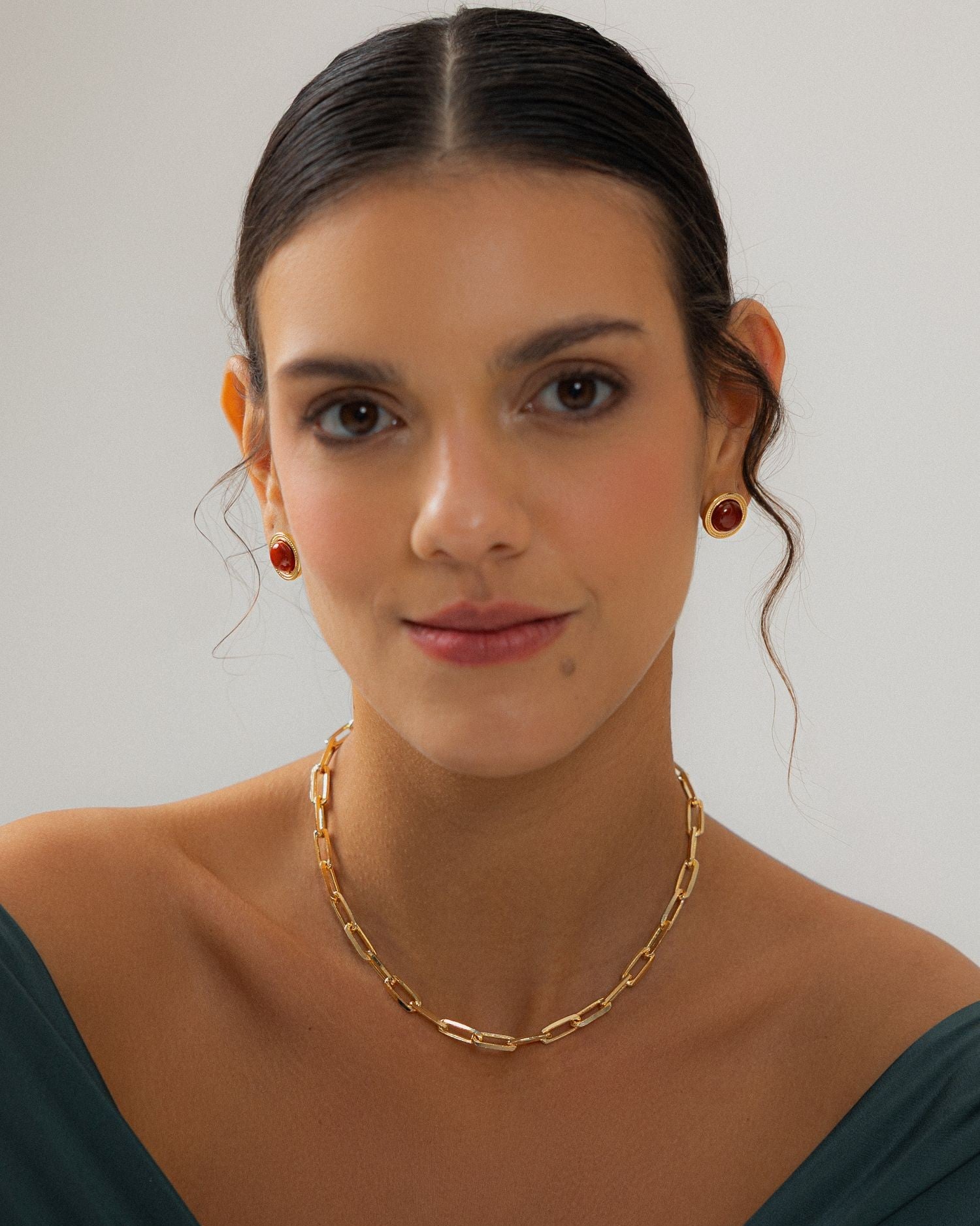 Red Agate Gold-Plated Round Earrings